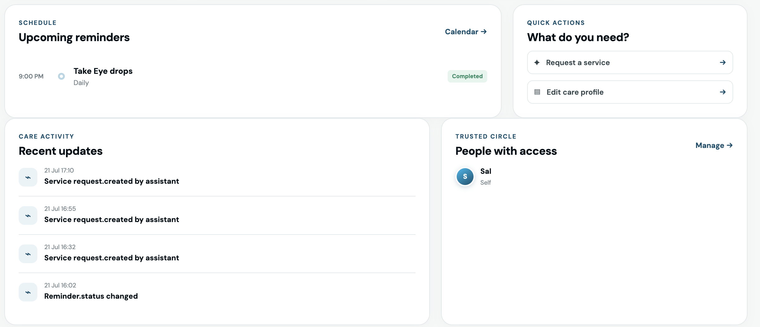 Goldenly web dashboard showing reminders, care activity, quick actions, and trusted circle